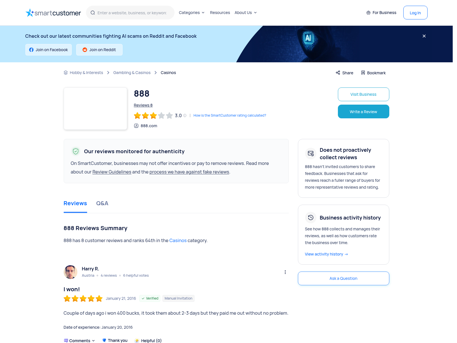 Capture showing independent user-review context for 888.com, checked 24 August 2026