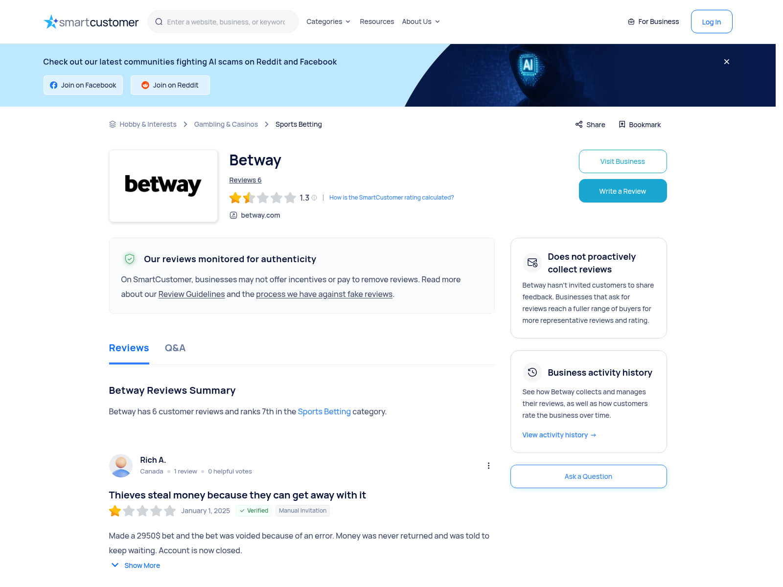 Capture showing independent user-review context for betway.com, checked 24 August 2026