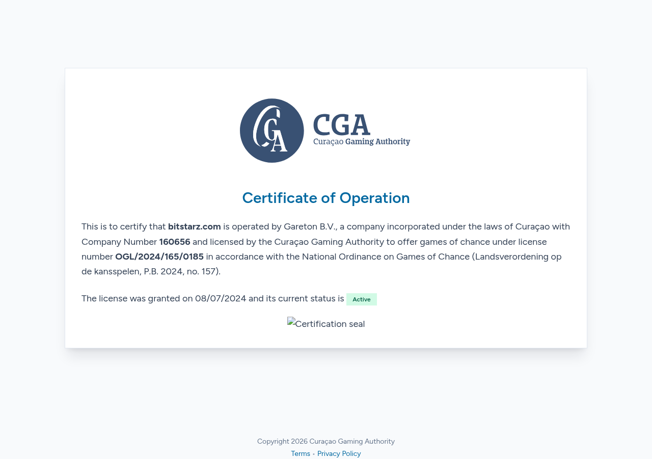 Curaçao Gaming Authority certificate for bitstarz.com and Gareton B.V.