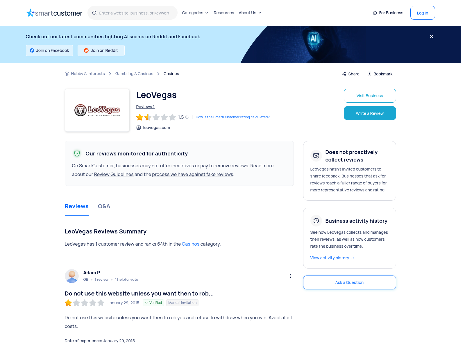 Captured user-review context associated with leovegas.com on 24 August 2026