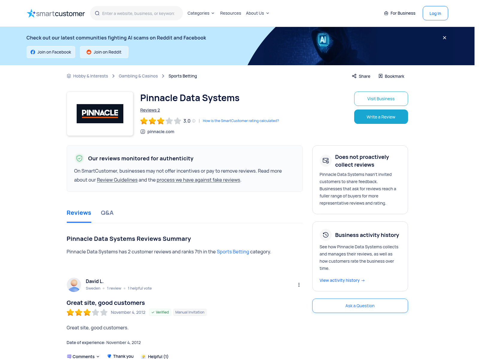 Capture showing independent user-review context for pinnacle.com, checked 24 August 2026