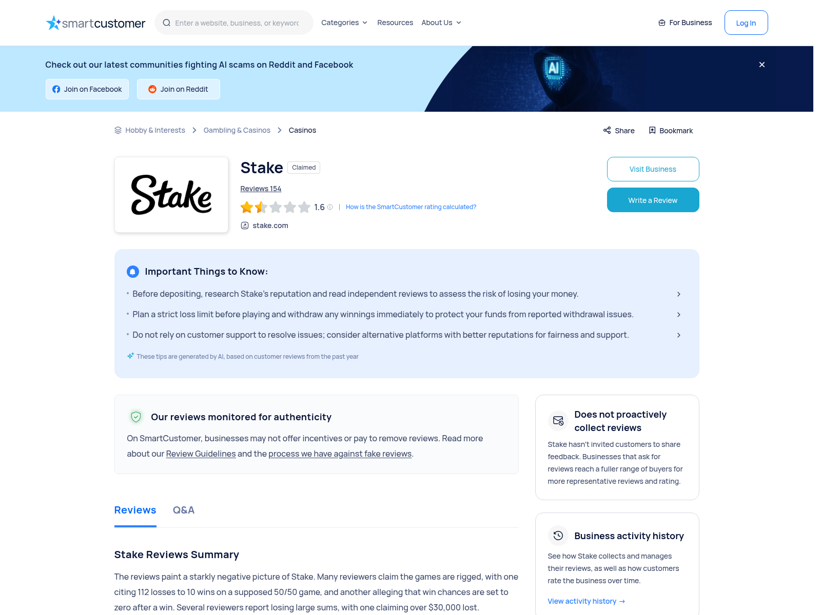 Capture showing independent user-review context for stake.com on 24 August 2026